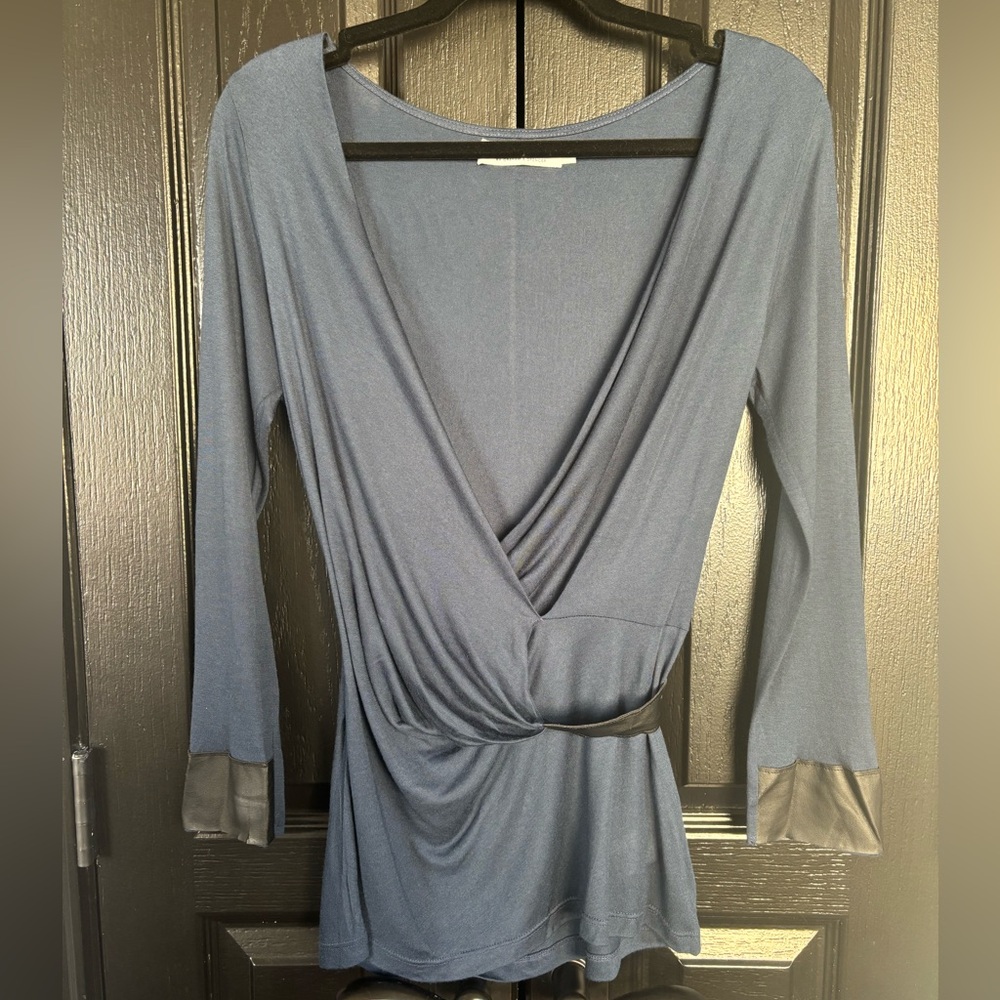 Blue Wrap Top Blouse Tunic with Faux Leather Details
